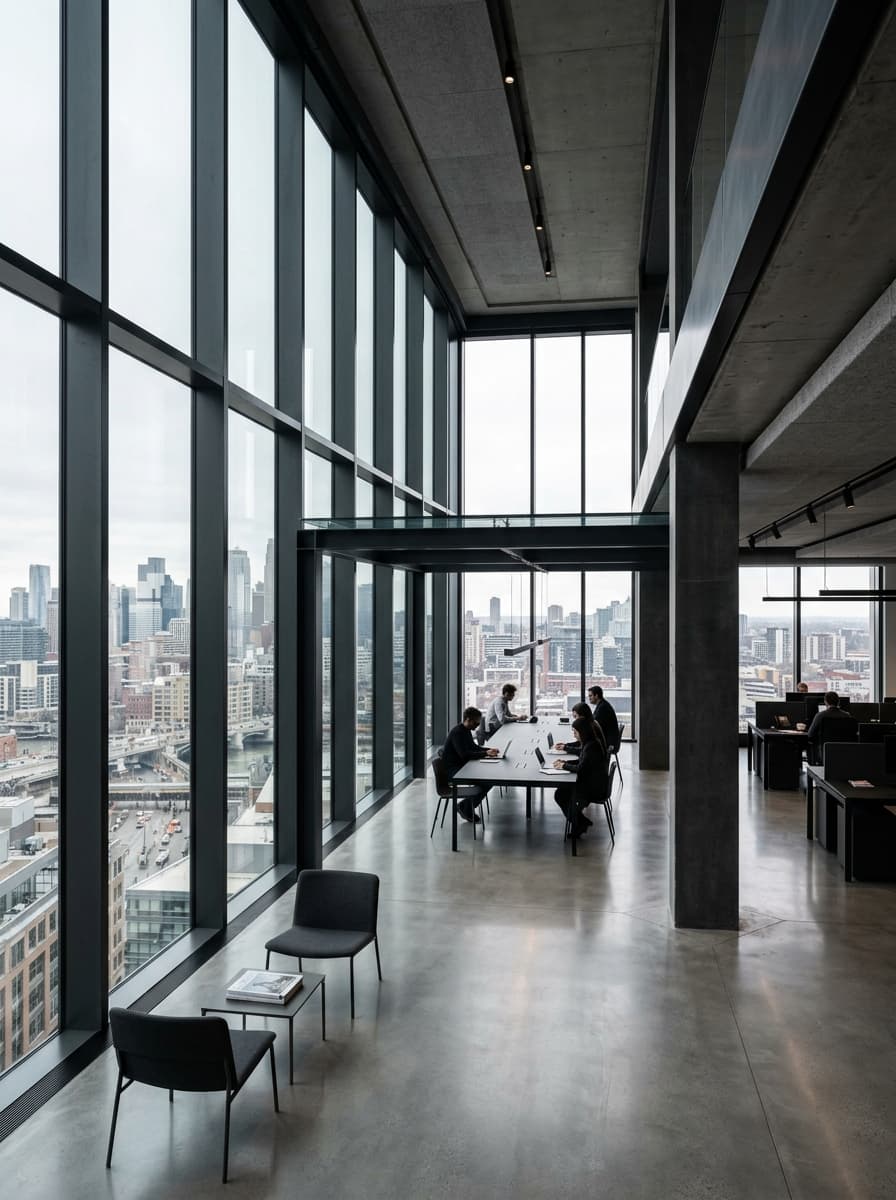 Rocduert engineering atelier with floor-to-ceiling windows overlooking skyline