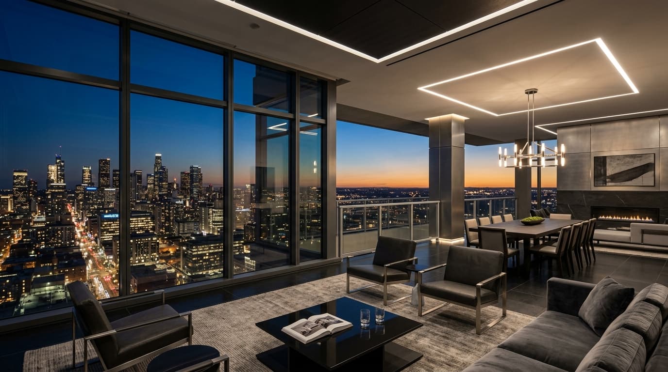 Architectural executive engineering penthouse overlooking illuminated city skyline at dusk