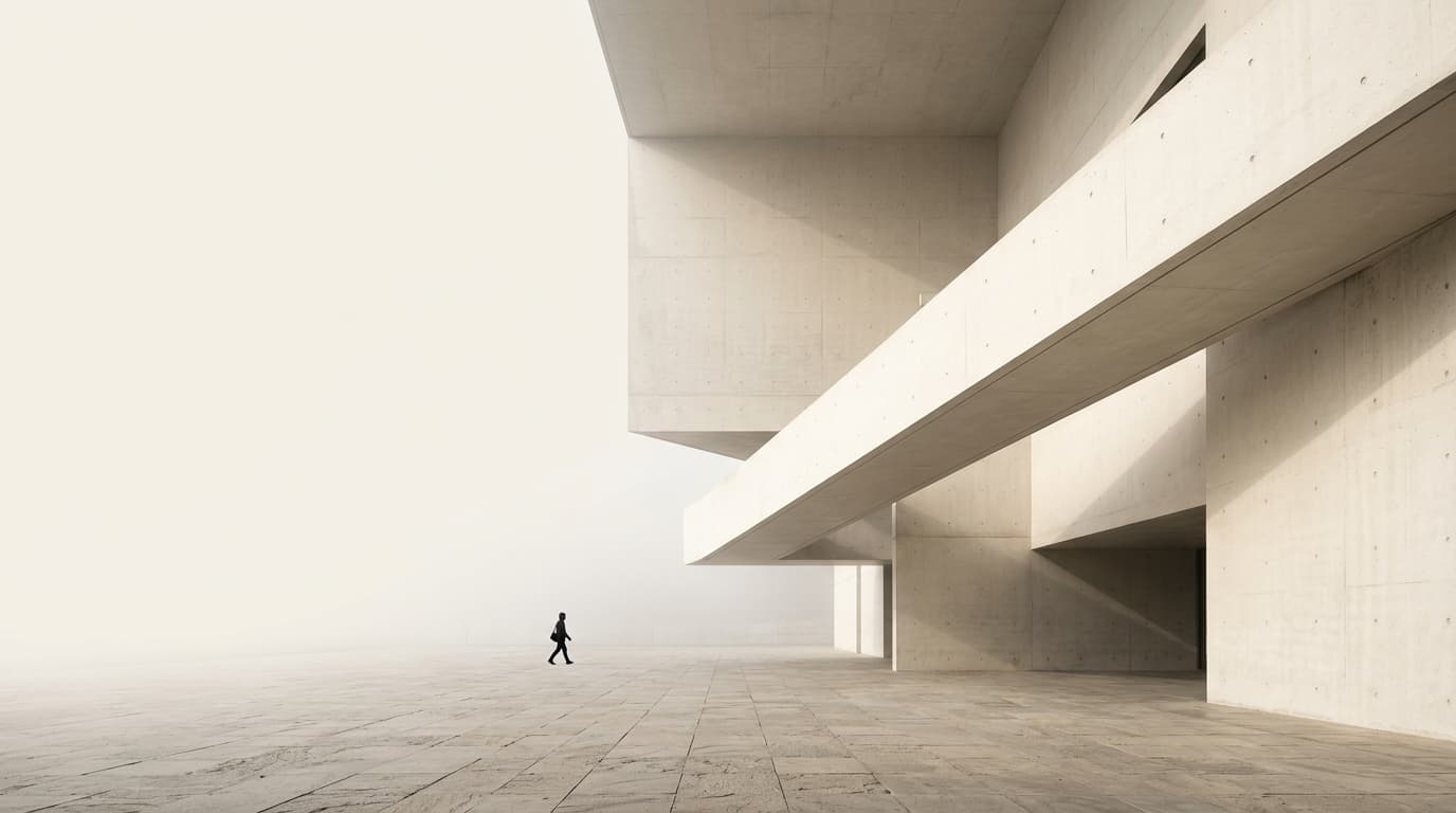 Monumental pale concrete architecture reflecting simplicity and scale